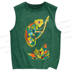 Unisex Multi-colored Lizard Printed Washed Tank Top