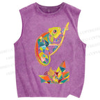Unisex Multi-colored Lizard Printed Washed Tank Top