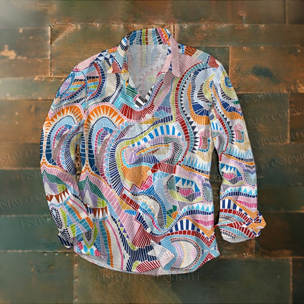 Abstract Geometric Printed Lapel Long Sleeve Shirt