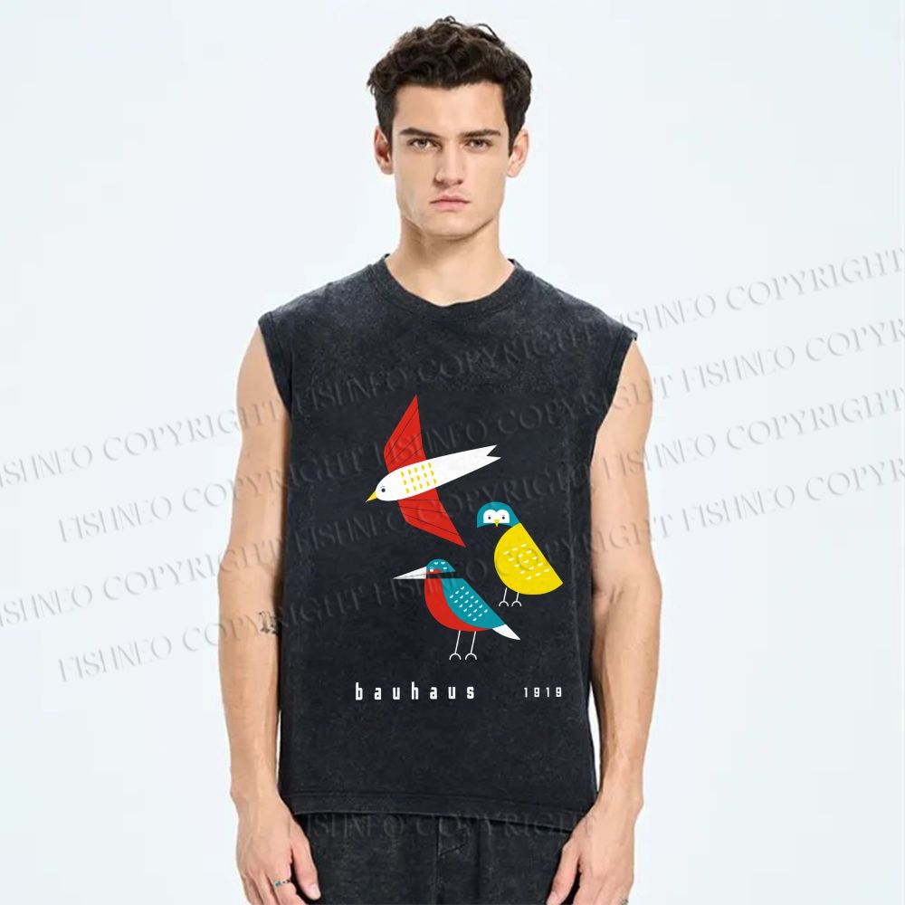 Unisex Bauhaus Bird Printed Washed Tank Top