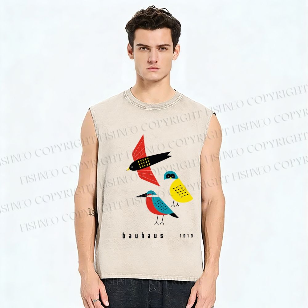 Unisex Bauhaus Bird Printed Washed Tank Top