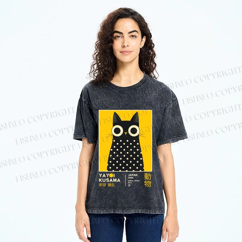 Unisex Yayoi Kusama Cat Printed Washed Tee