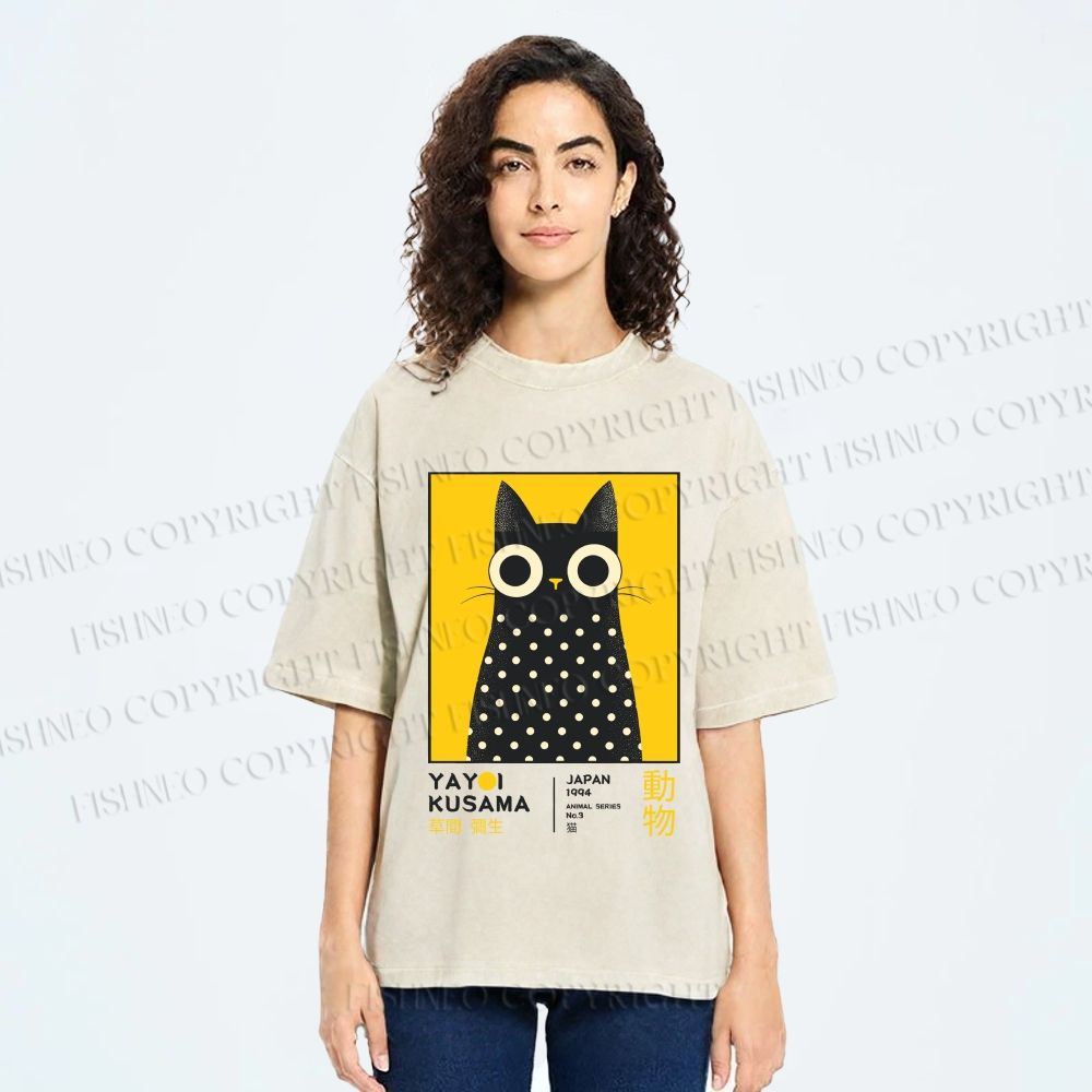 Unisex Yayoi Kusama Cat Printed Washed Tee