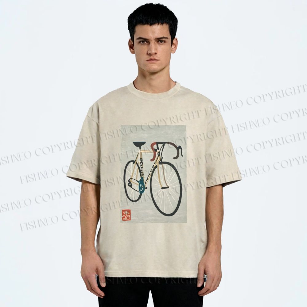 Unisex Retro Bicycle Printed Washed Tee