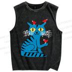 Unisex Cat Printed Washed Tank Top