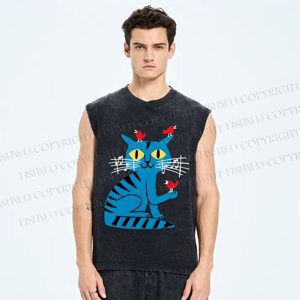 Unisex Cat Printed Washed Tank Top