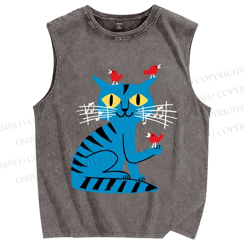 Unisex Cat Printed Washed Tank Top