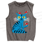 Unisex Cat Printed Washed Tank Top