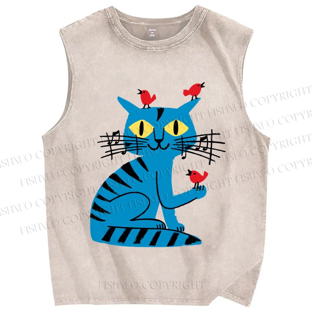 Unisex Cat Printed Washed Tank Top