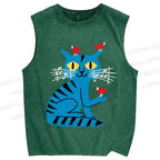 Unisex Cat Printed Washed Tank Top