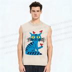 Unisex Cat Printed Washed Tank Top