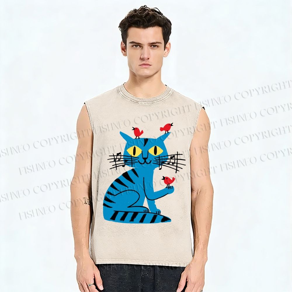 Unisex Cat Printed Washed Tank Top