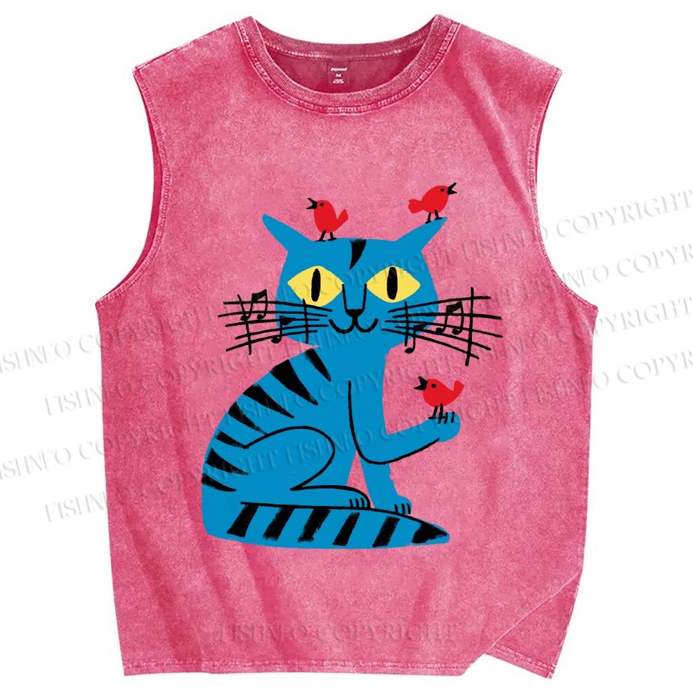 Unisex Cat Printed Washed Tank Top