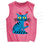 Unisex Cat Printed Washed Tank Top