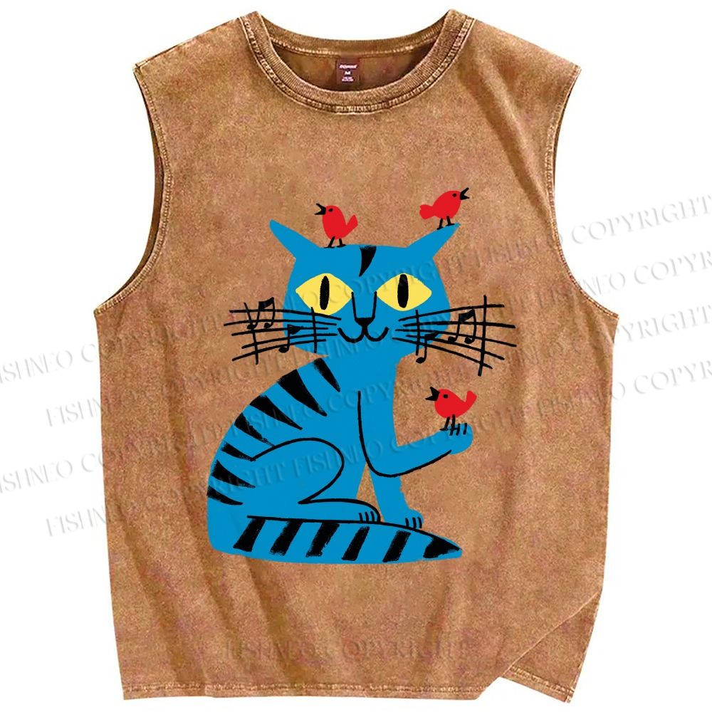 Unisex Cat Printed Washed Tank Top