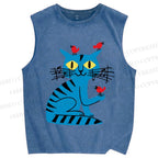 Unisex Cat Printed Washed Tank Top