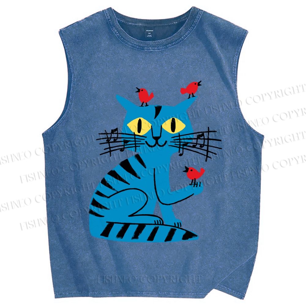 Unisex Cat Printed Washed Tank Top