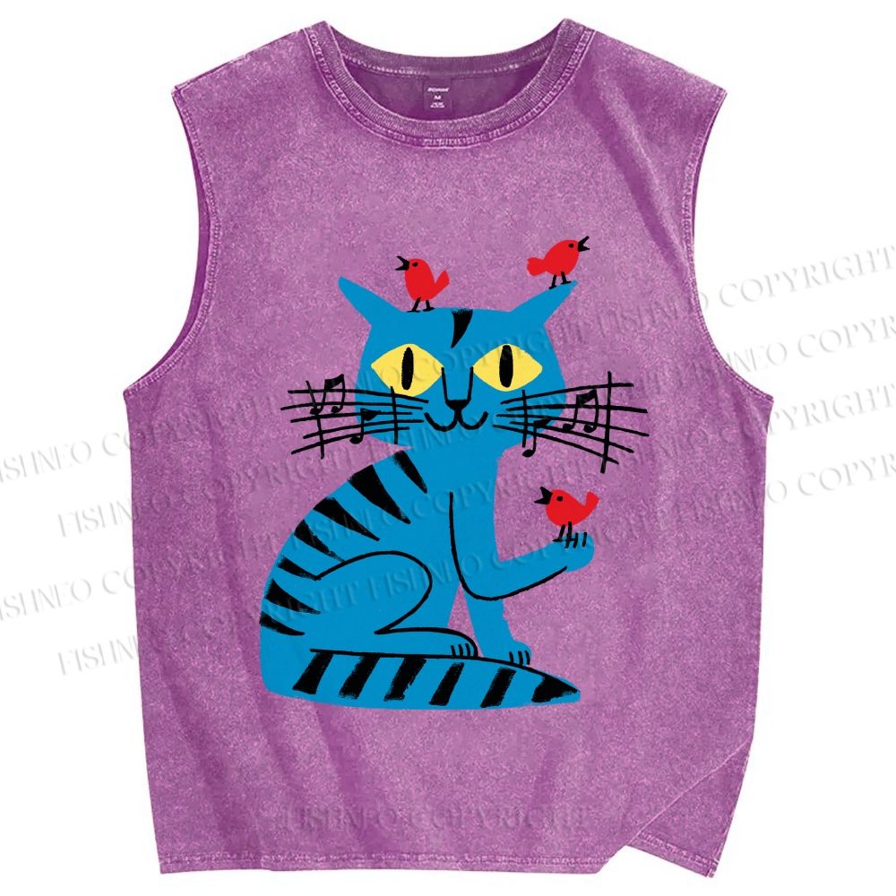Unisex Cat Printed Washed Tank Top