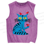 Unisex Cat Printed Washed Tank Top
