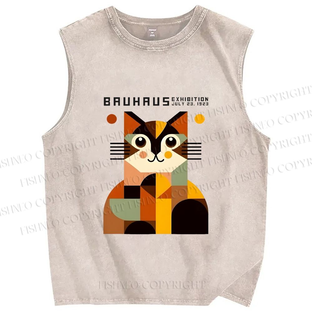 Unisex Bauhasu Geometric Cat Printed Washed Tank Top