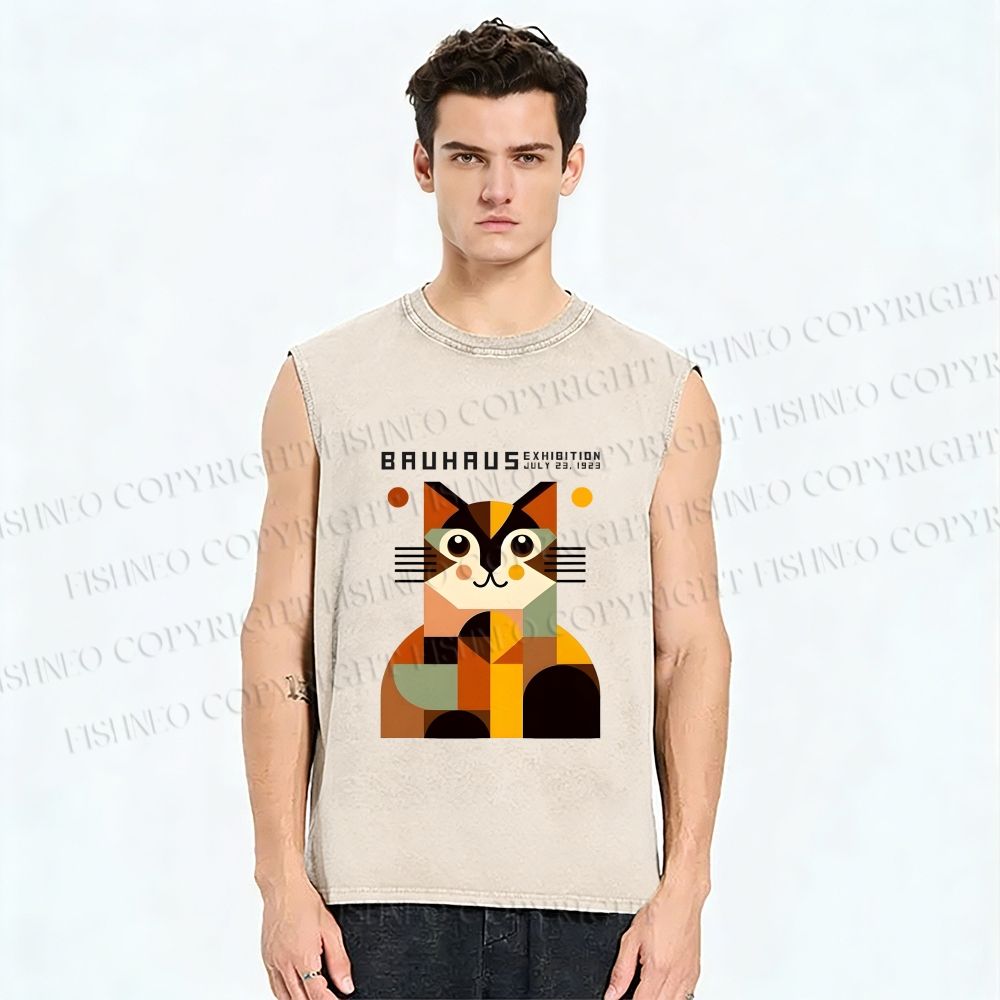 Unisex Bauhasu Geometric Cat Printed Washed Tank Top