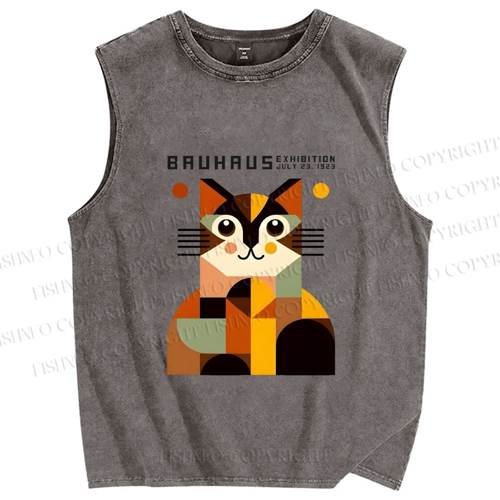 Unisex Bauhasu Geometric Cat Printed Washed Tank Top