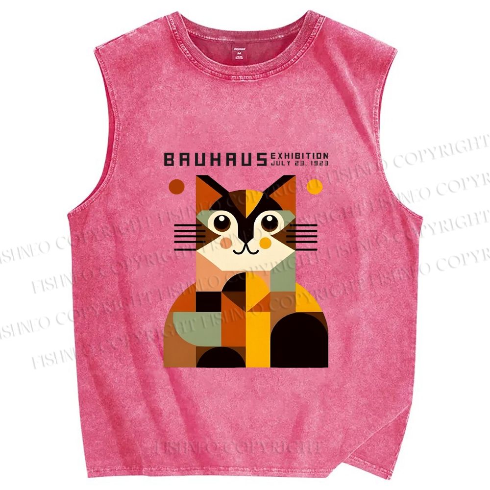 Unisex Bauhasu Geometric Cat Printed Washed Tank Top