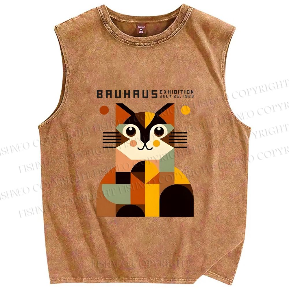 Unisex Bauhasu Geometric Cat Printed Washed Tank Top