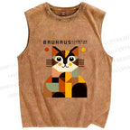 Unisex Bauhasu Geometric Cat Printed Washed Tank Top