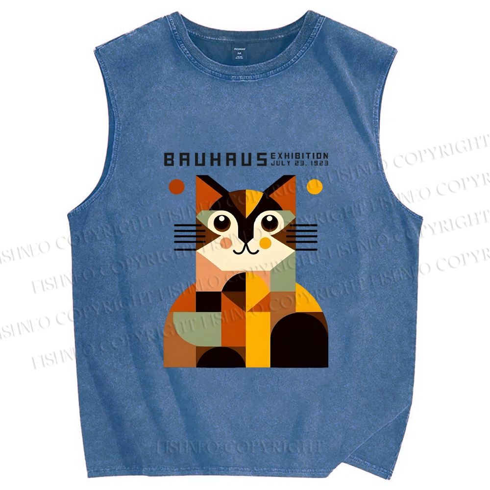 Unisex Bauhasu Geometric Cat Printed Washed Tank Top