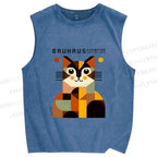 Unisex Bauhasu Geometric Cat Printed Washed Tank Top
