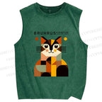 Unisex Bauhasu Geometric Cat Printed Washed Tank Top