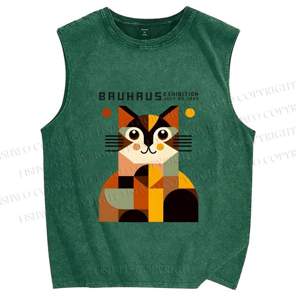 Unisex Bauhasu Geometric Cat Printed Washed Tank Top