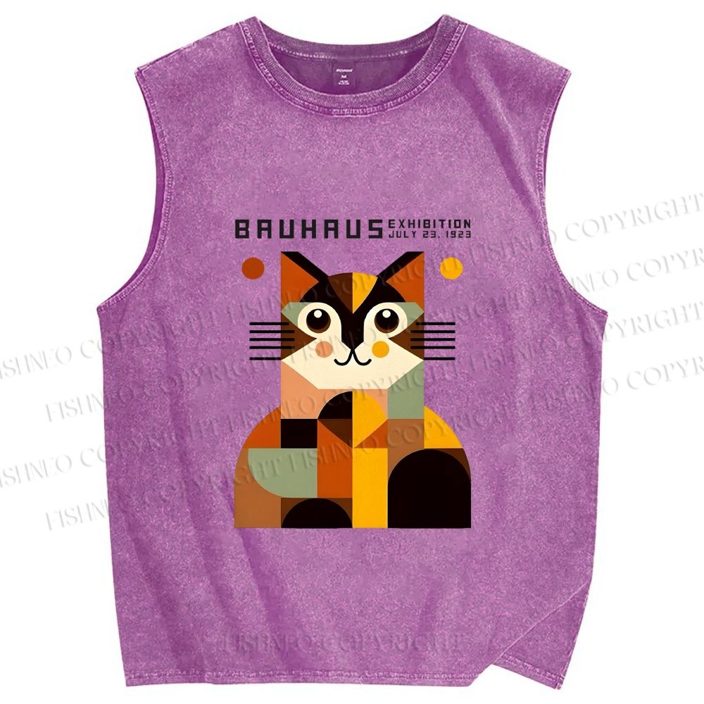 Unisex Bauhasu Geometric Cat Printed Washed Tank Top