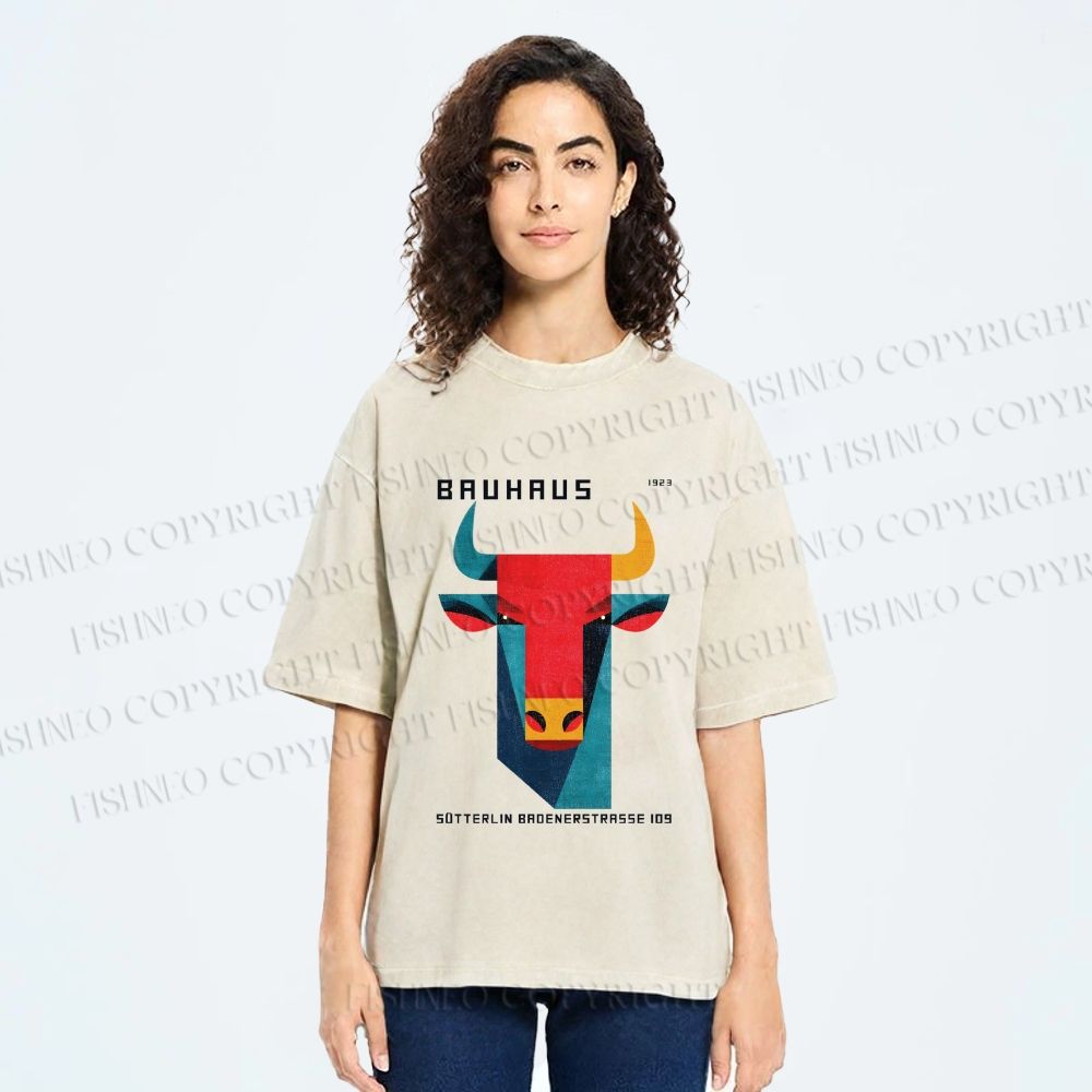 Unisex Bauhaus Geometric Bull Printed Washed Tee