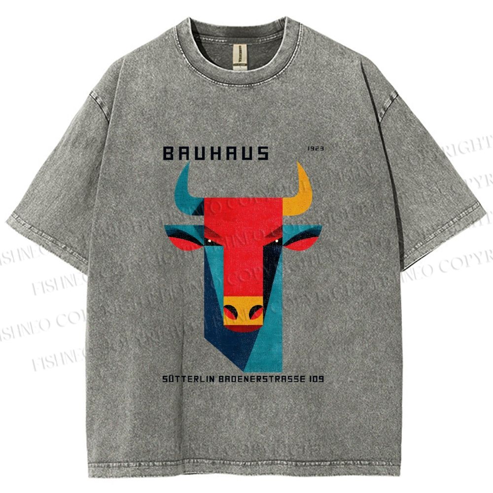 Unisex Bauhaus Geometric Bull Printed Washed Tee