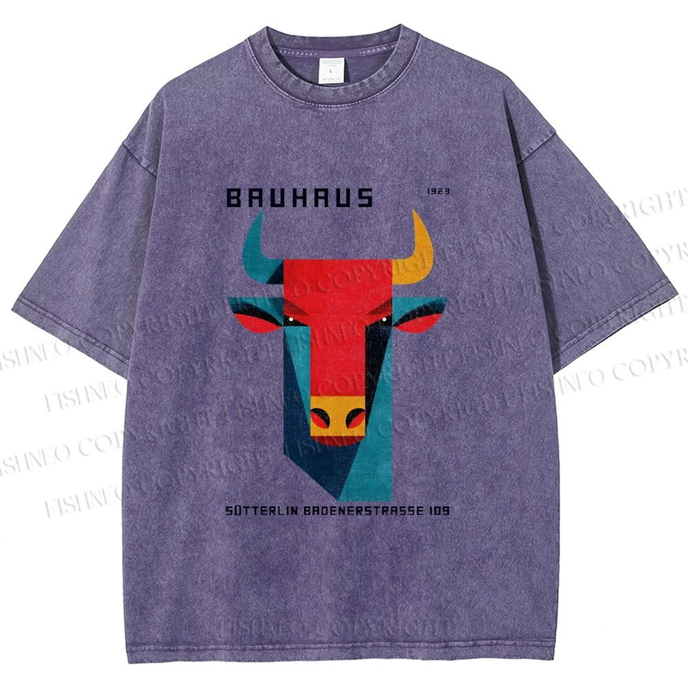 Unisex Bauhaus Geometric Bull Printed Washed Tee