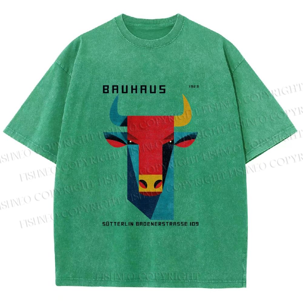 Unisex Bauhaus Geometric Bull Printed Washed Tee