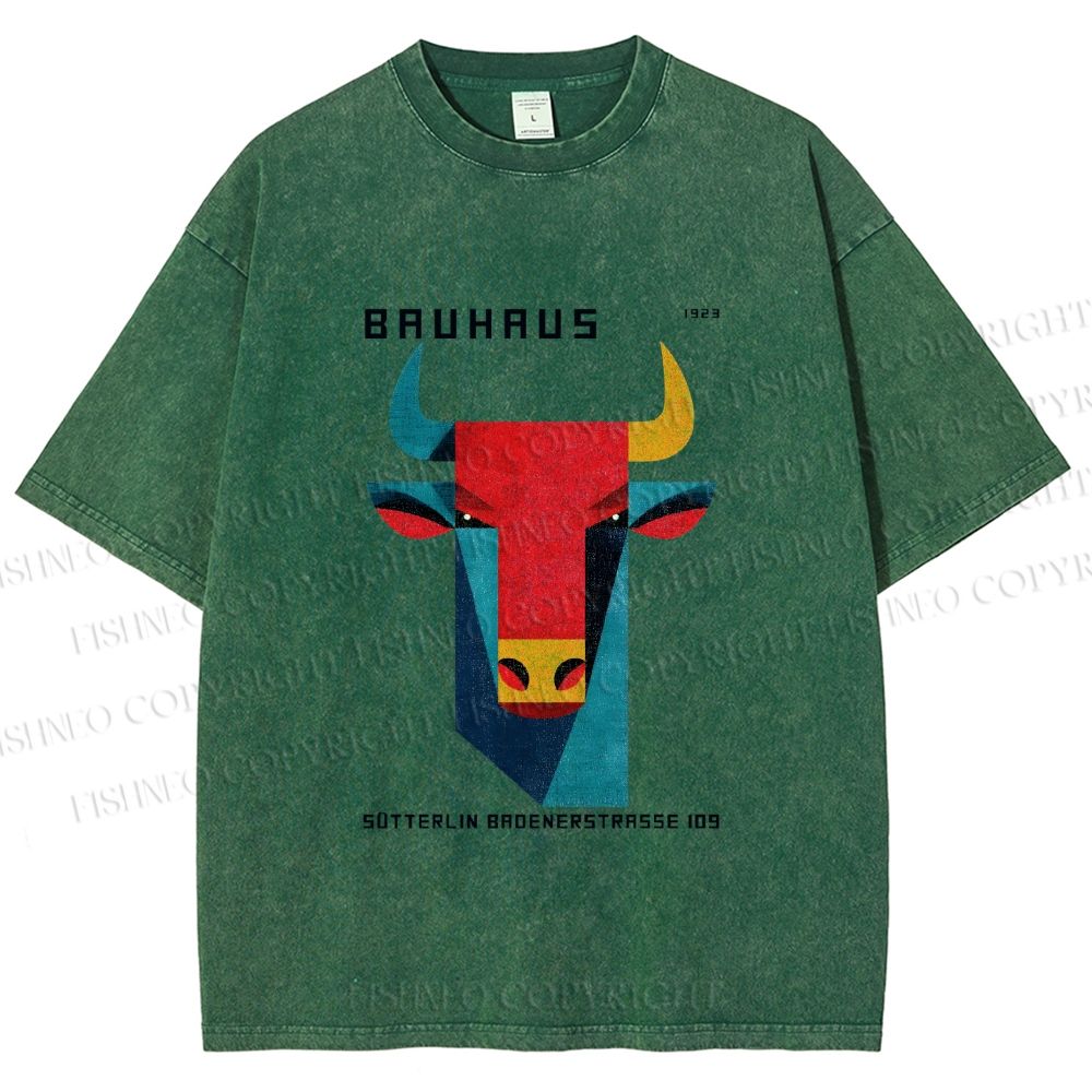 Unisex Bauhaus Geometric Bull Printed Washed Tee