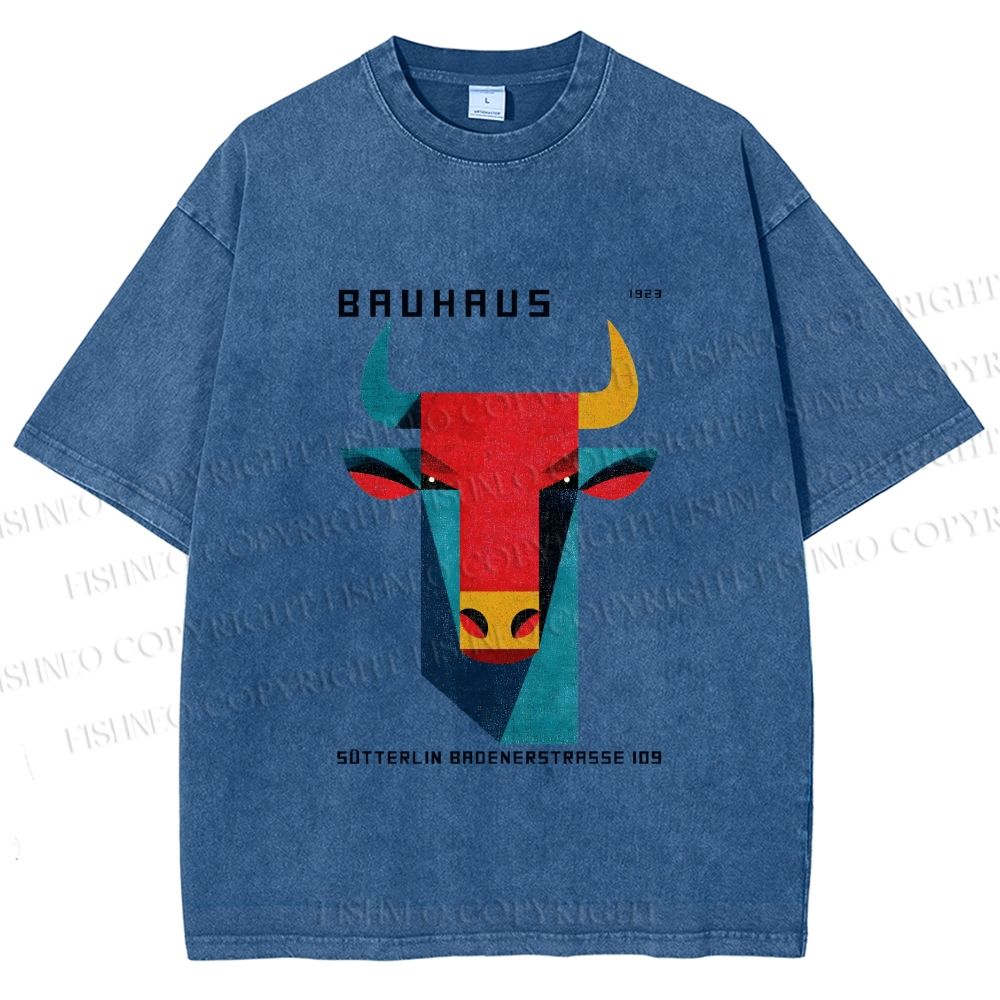 Unisex Bauhaus Geometric Bull Printed Washed Tee