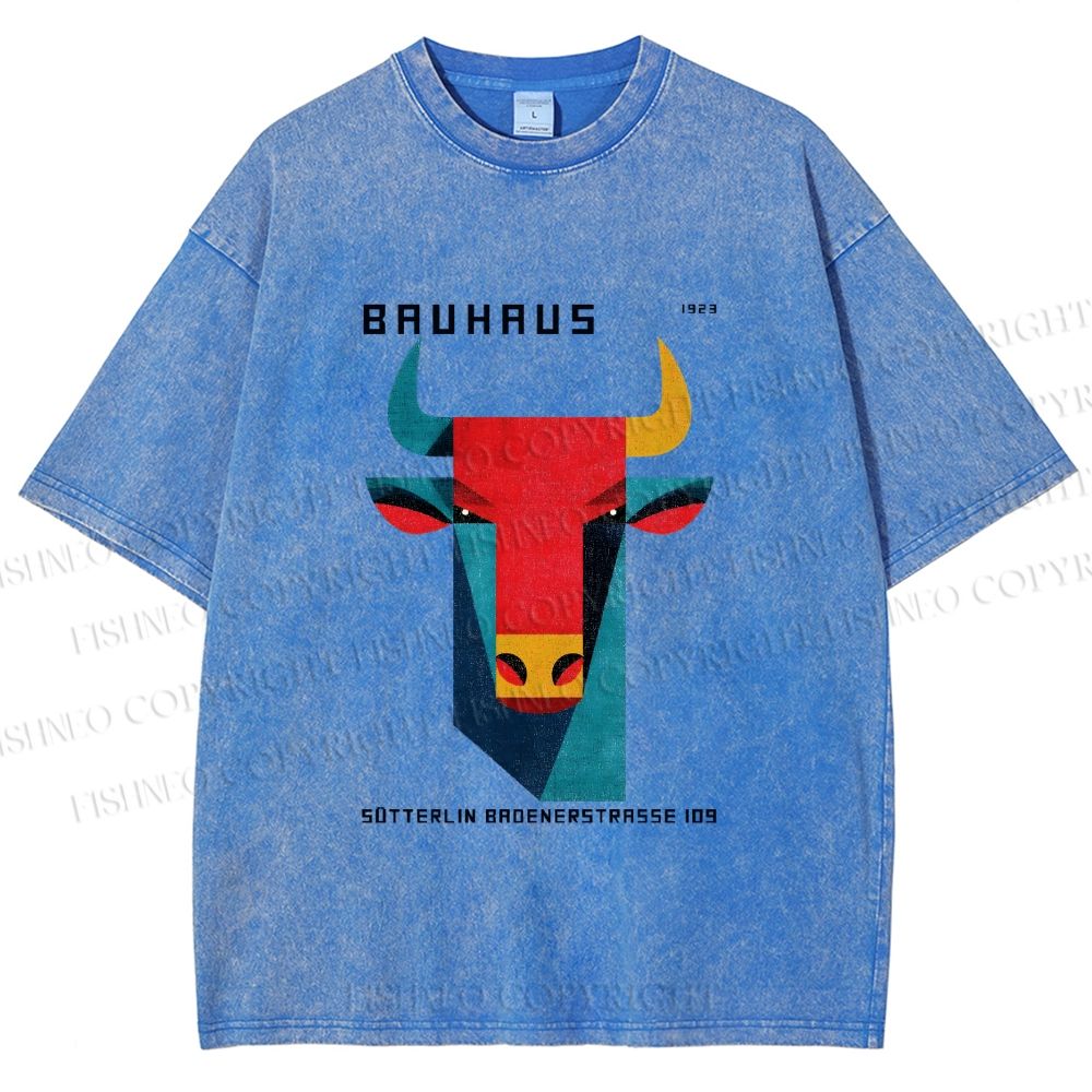 Unisex Bauhaus Geometric Bull Printed Washed Tee