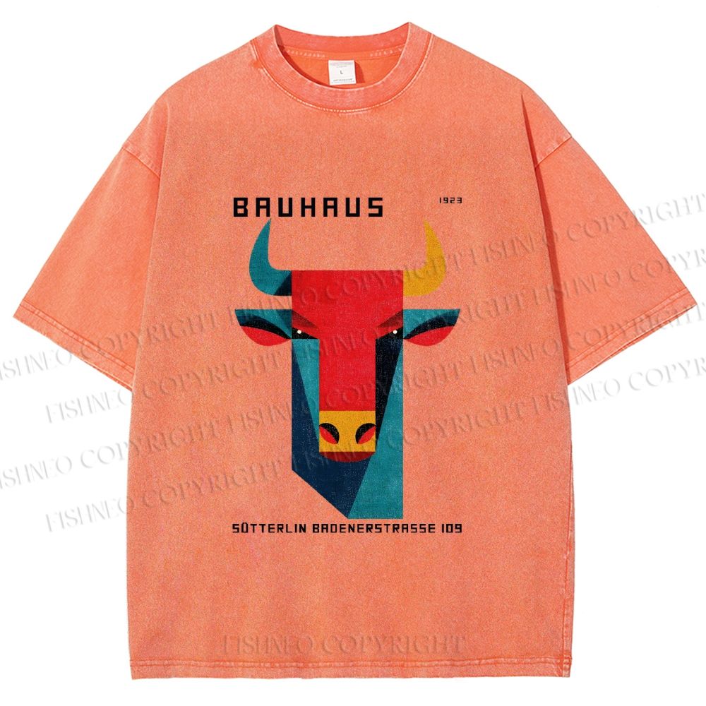 Unisex Bauhaus Geometric Bull Printed Washed Tee