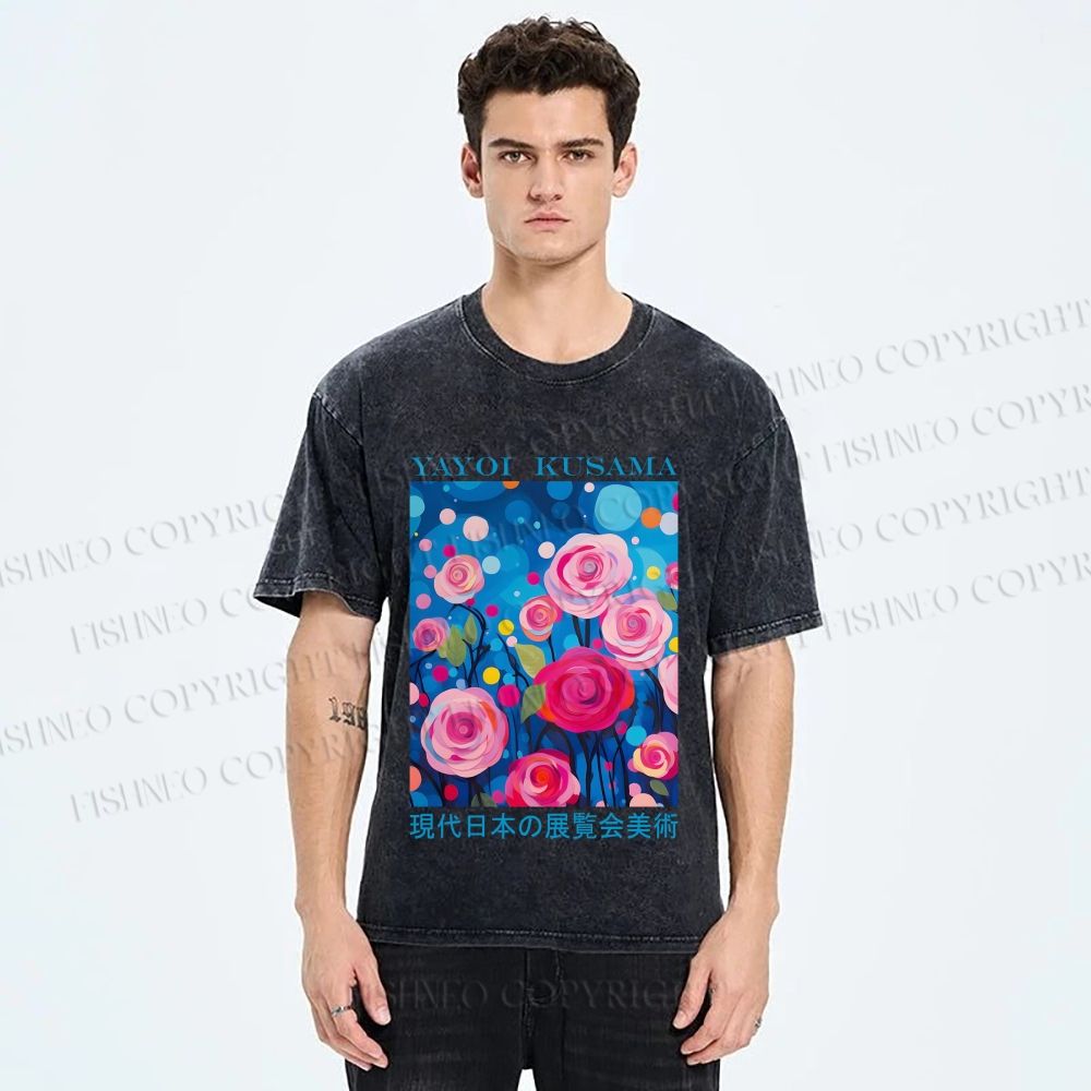 Unisex Yayoi Kusama Rose Printed Washed Tee