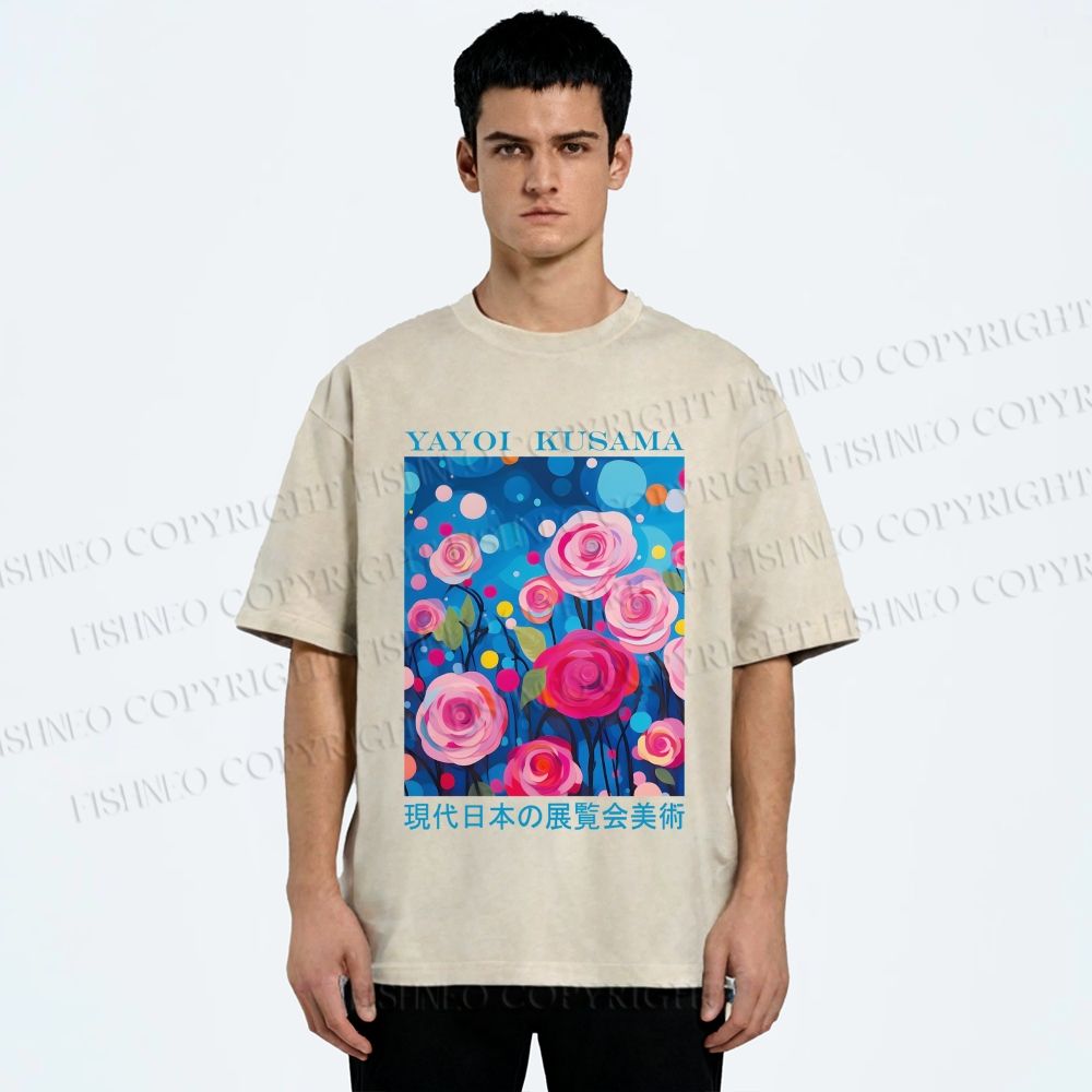 Unisex Yayoi Kusama Rose Printed Washed Tee