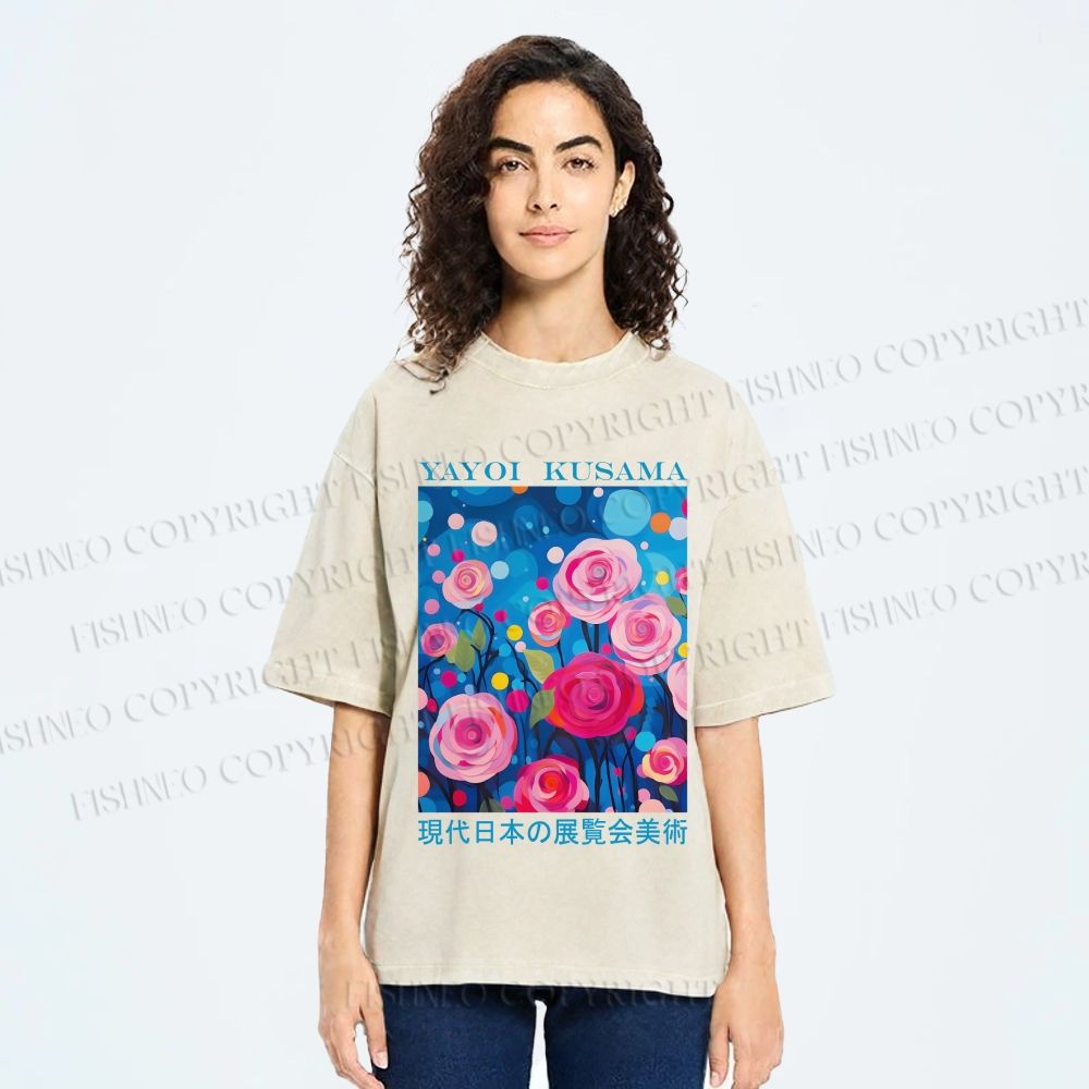 Unisex Yayoi Kusama Rose Printed Washed Tee