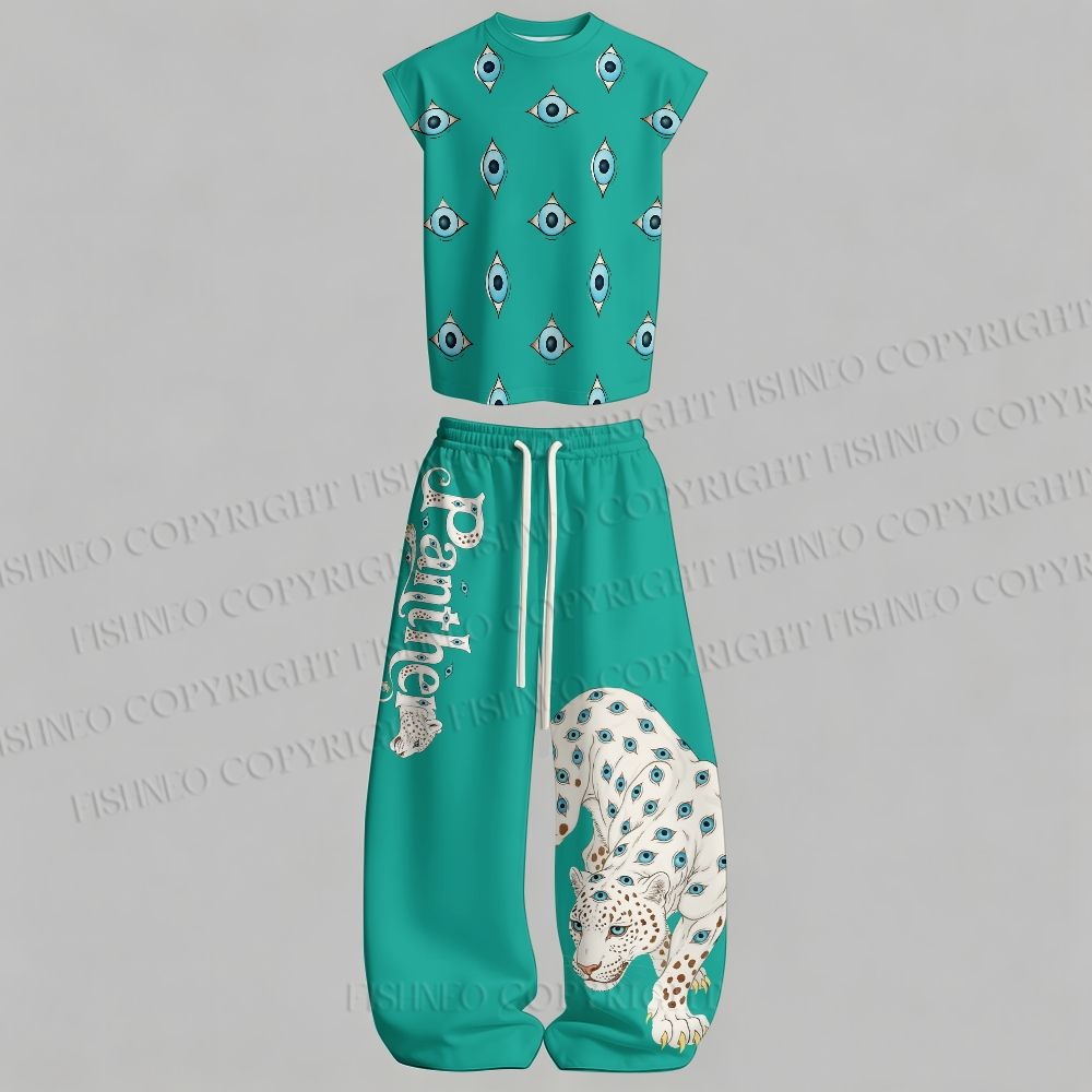 Men's White Panther With Eyes Tank top  & Elasticated Trousers Two-Piece Set