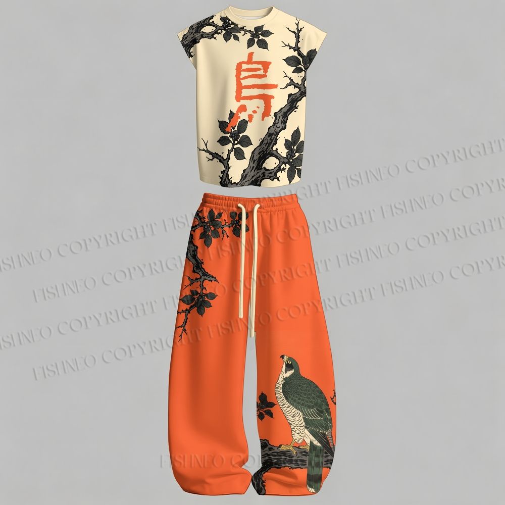 Men's Japanese Ukiyo-e Bird Tank top  & Elasticated Trousers Two-Piece Set