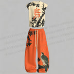 Men's Japanese Ukiyo-e Bird Tank top  & Elasticated Trousers Two-Piece Set