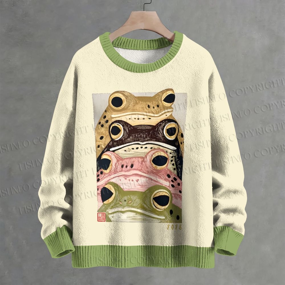 Whimsical Multi Colored Frog Art Crew Neck Sweater