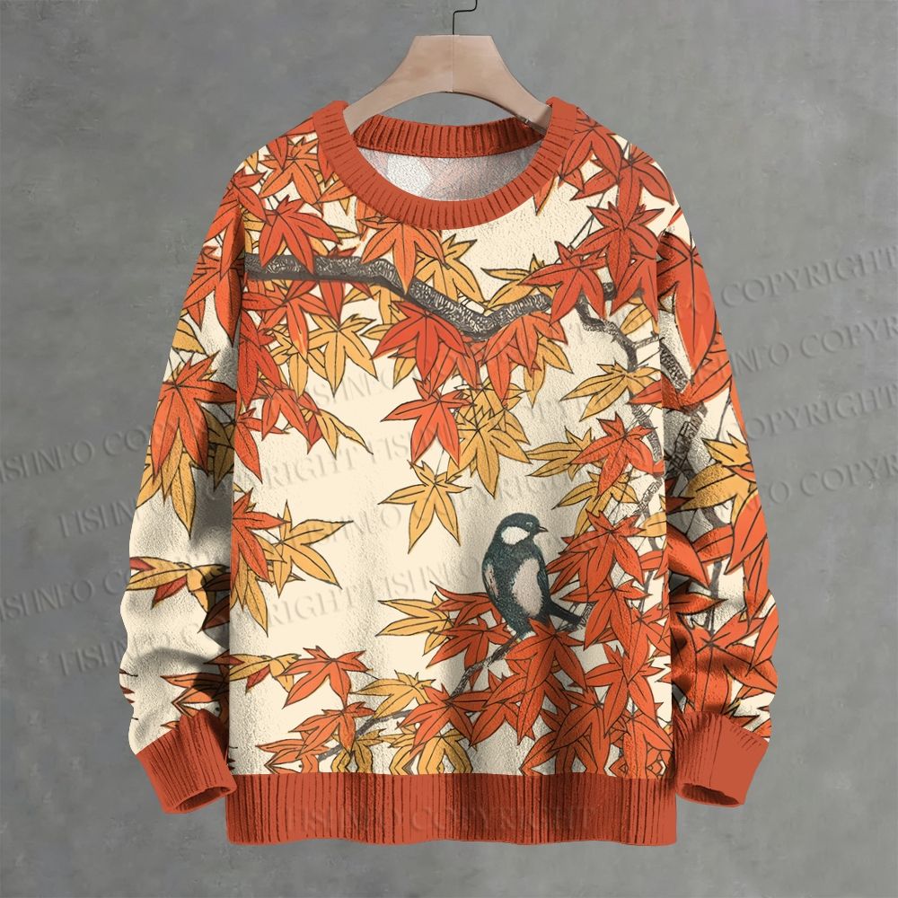 Vintage Bird in Maple Leaves Crew Neck Sweater
